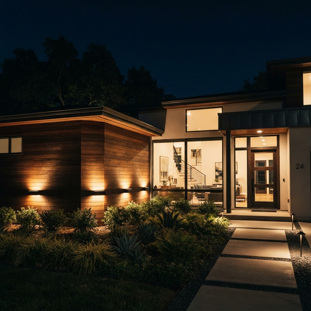 Warm low-voltage wall-wash lights grazing a modern home facade at night