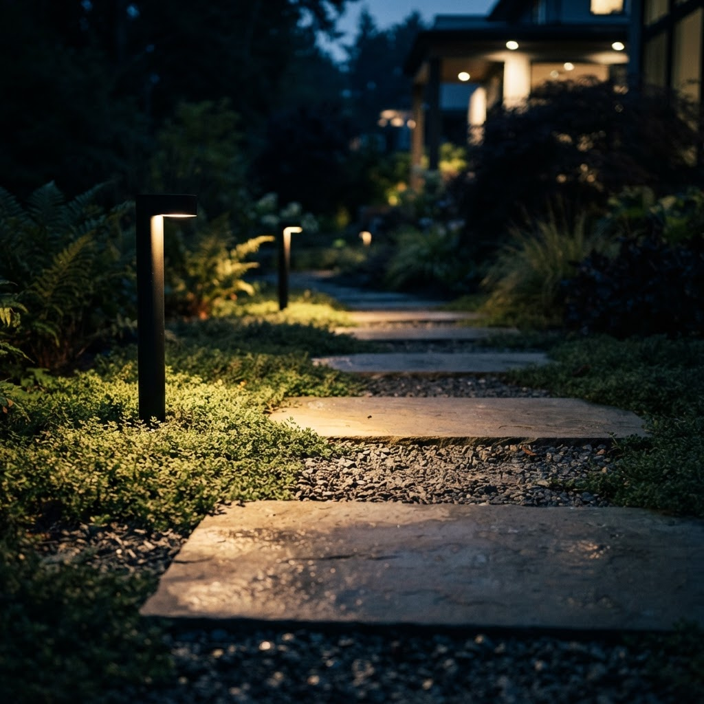Close-up of warm path lights illuminating stone stepping stones at night