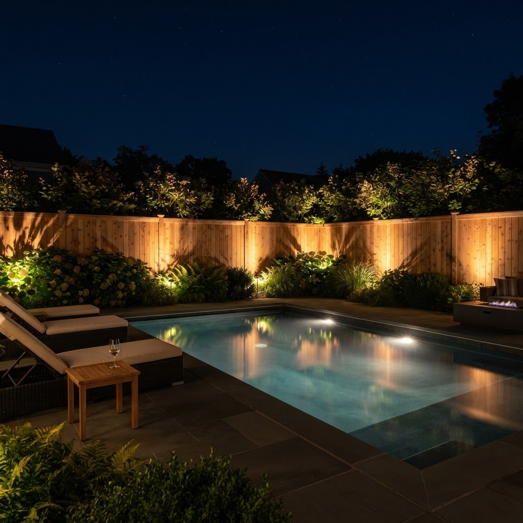 Pool backyard at night with warm uplights on cedar wood fence and shrubs