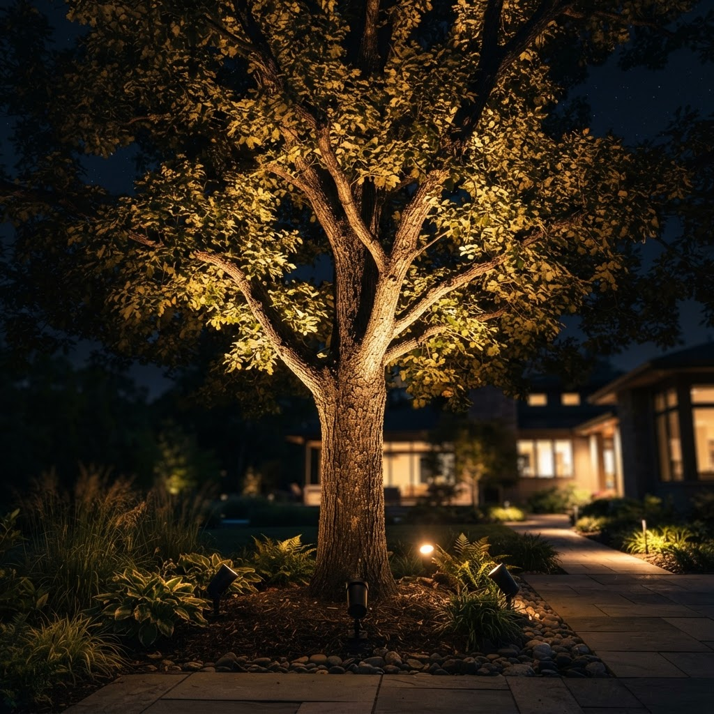 A tree dramatically uplit by warm landscape spotlights at night